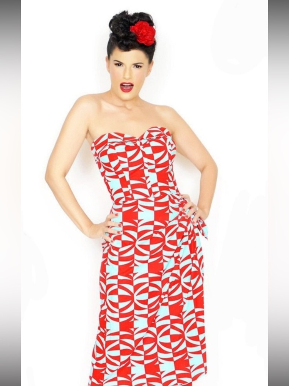 Pin up retro wiggle halter dress Bernie Dexter size large Red and Light Blue